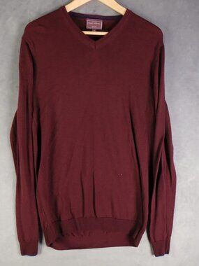 John Lewis Pure Merino Wool V-Neck Sweater Medium Burgundy Red Preppy